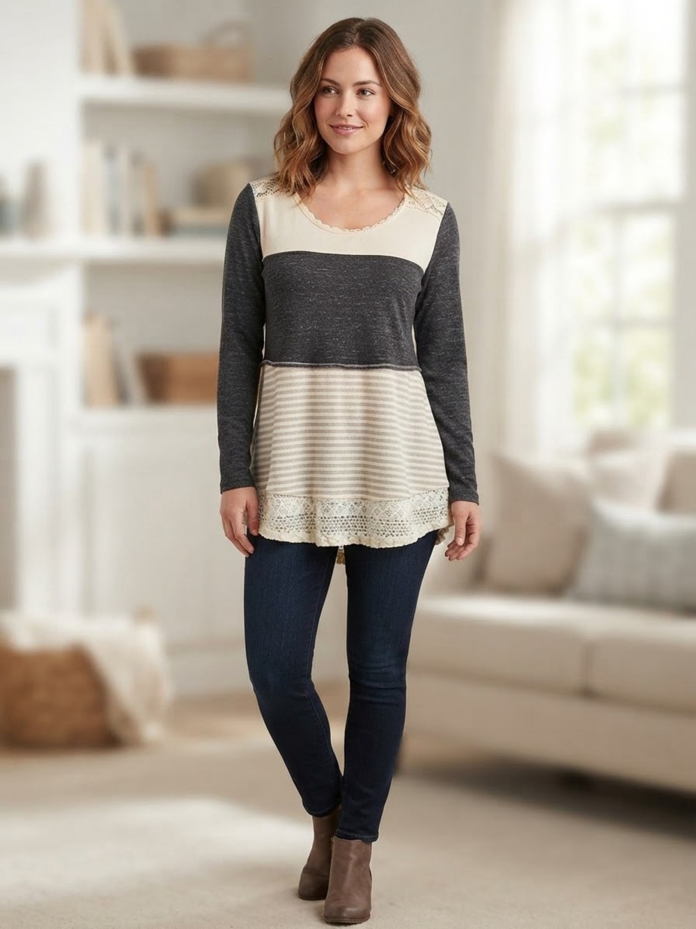 rue21 Colorblock Stripe & Crochet Lace Long Sleeve Tunic Top XL